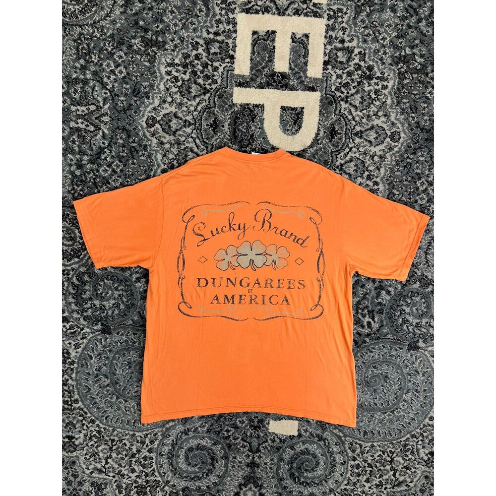 Vintage 90s Mens Lucky Brand Dungarees America Tshirt Size 2XL Orange USA Made